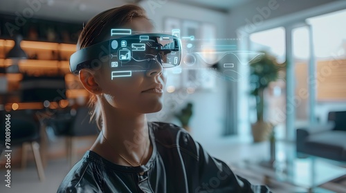 A portrait of a person wearing smart glasses, with augmented reality icons and data streams visible around their head, in a modern, sleek home office