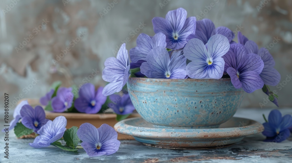 A blue bowl with purple pansies sits atop a table alongside a small potted plant A blue bowl with purple pansies sits atop a table alongside a small potted plant