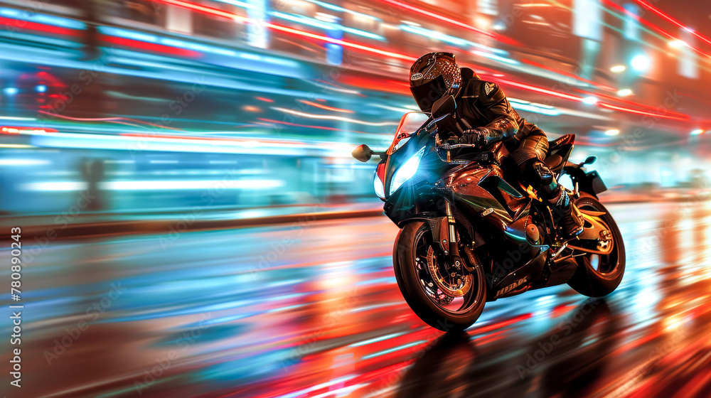 A motorcyclist in full gear races through a city street at night, with motion blur conveying speed and energy