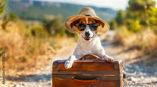A cute dog with a straw hat sits on a sunlit road, gazing forward, holding onto a vintage suitcase