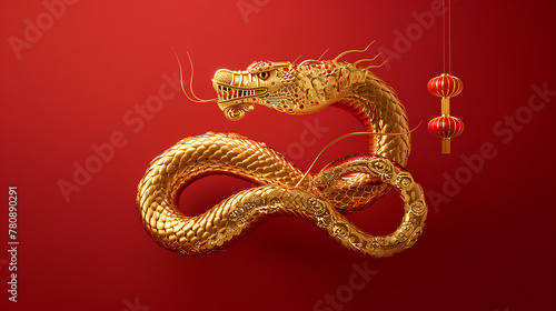 Chinese New Year, year of the snake. Chinese snake on a red background, with copy space