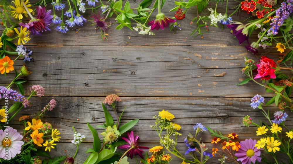 Colorful spring flowers on wooden background