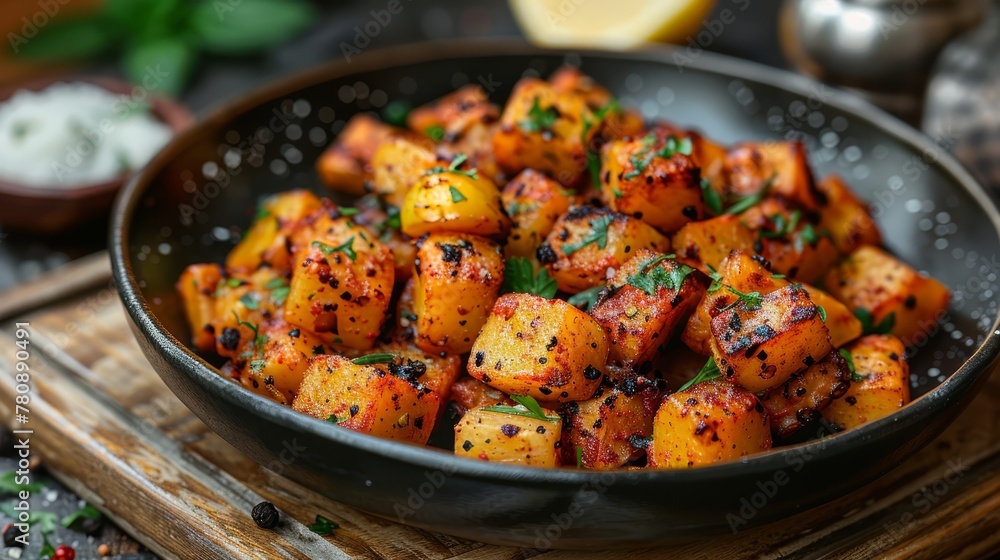 A pan of cooked food atop a wooden cutting board Nearby, a bowl of sauce and a lemon wedge wait A pan of cooked food atop a wooden cutting board Nearby, a bowl of sauce and a lemon wedge wait