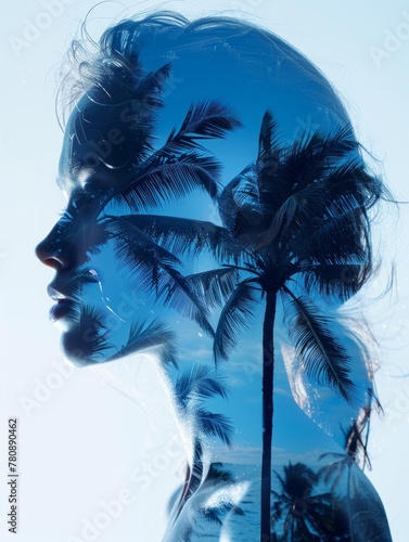 a young woman is daydreaming about perfect holidays in the sun, on a sandy beach with palm trees