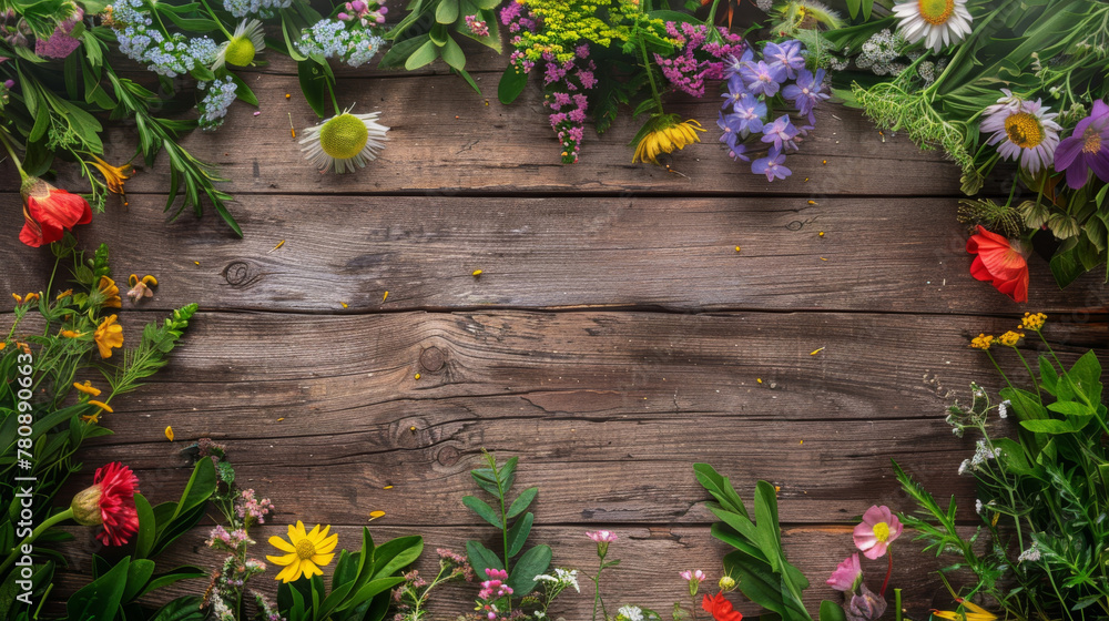 Fototapeta premium Vibrant spring floral border on wooden backdrop