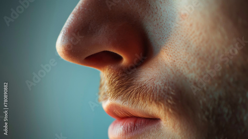 Close-up of a males nose and part of his eye. Isolated on a beige background. A close-up portrait of a young man with fair skin, freckles, and light facial hair. 