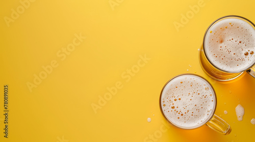 Top view of two golden ale with a creamy head on colourful background. photo