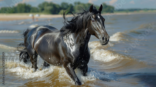   A black horse gallops through shallow waters of a sandy beach People wade nearby  trees line the backdrop