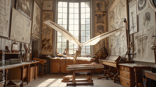 A Renaissance workshop, with an inventor working on a flying machine model made of wood and canvas. The room is filled with various tools, sketches of human anatomy and geometrical shape