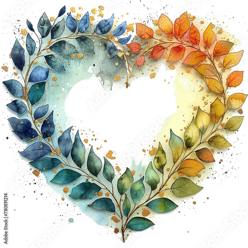 watercolor painting wiht a heart shaped wreath with leaves photo