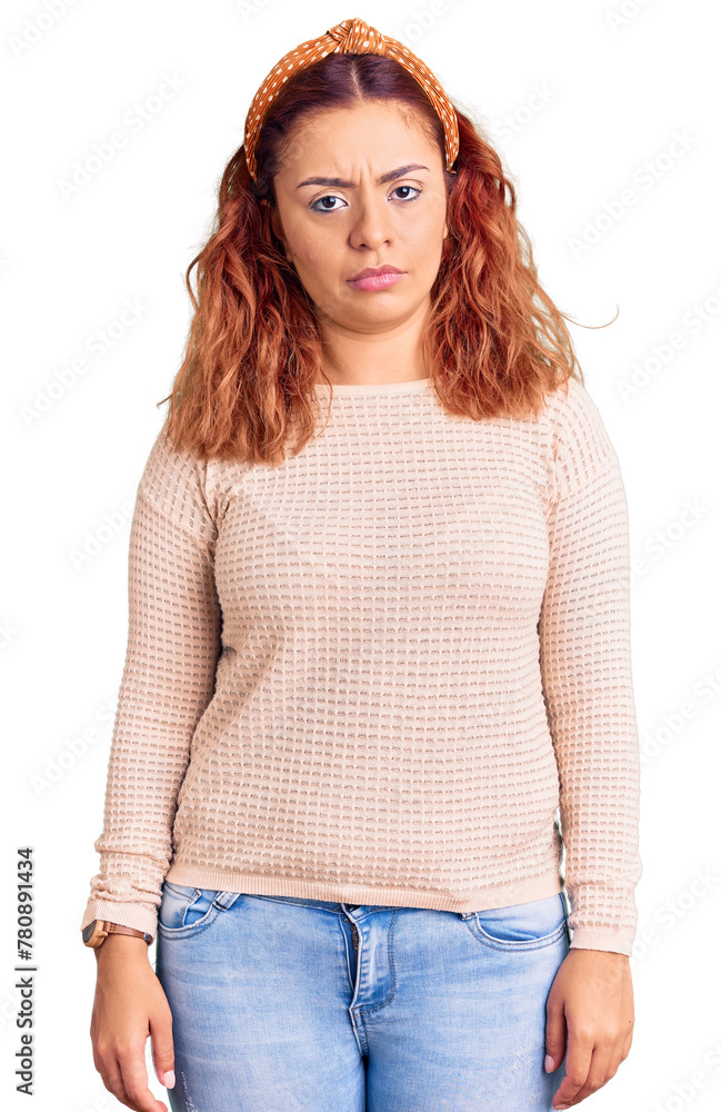 Young latin woman wearing casual clothes and diadem skeptic and nervous, frowning upset because of problem. negative person. Young latin woman wearing casual clothes and diadem skeptic and nervous, frowning upset because of problem. negative person.
