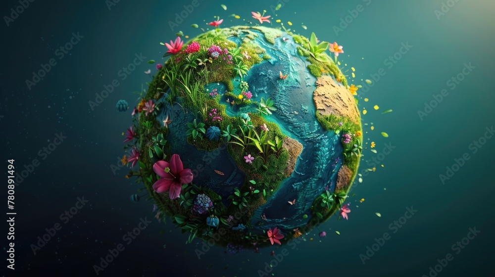 Fototapeta premium A minimal depiction of Earth with a forest canopy on one side and wildflowers on the other against a pastel backdrop, emphasizing conservation and natural beauty. Earth Dat greeting card.