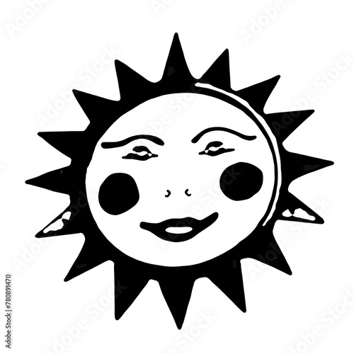 Black and white hand drawn illustration of the sun with a face in it