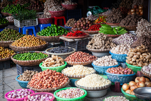 tropical spices and fruits sold at a local market in Hanoi (Vietnam)