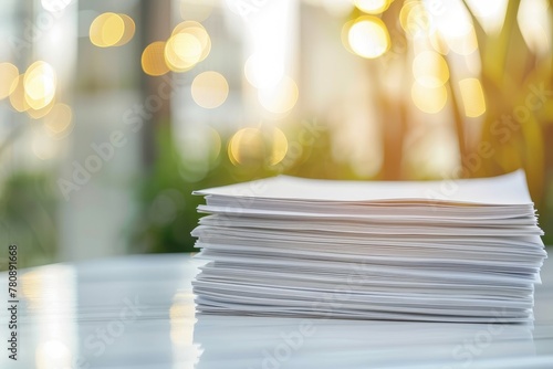 Business report papers stacked on white desk with blurred background photo