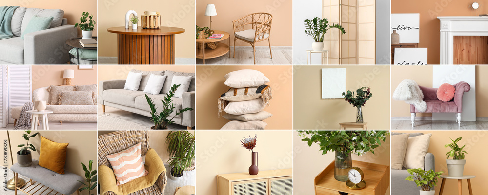 Fototapeta premium Set of stylish minimalist interiors with beige wall