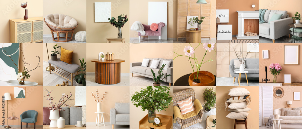 Fototapeta premium Collage of stylish minimalist interiors with beige wall
