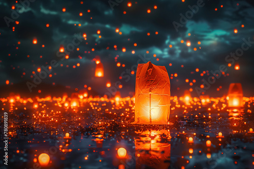 Group of Lanterns Floating on Water