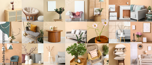 Collage of stylish minimalist interiors with beige wall © Pixel-Shot