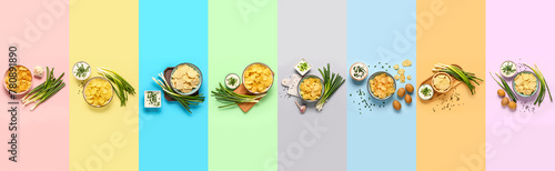 Fototapeta Naklejka Na Ścianę i Meble -  Set of tasty potato chips with green onion and sour cream on color background, top view
