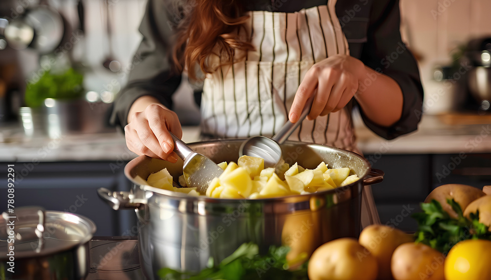 Woman putting peeled potato in pot at table in kitchen