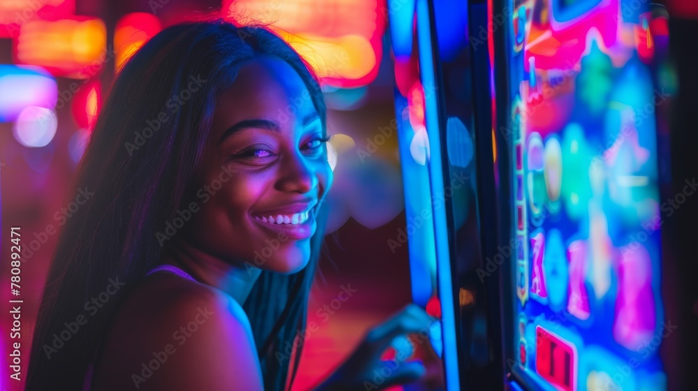 Obraz premium A Woman Enjoying Neon Arcade
