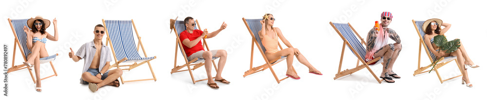 Collection of people with beach chairs on white background