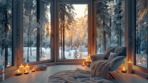 A serene reading nook with a large bay window showcasing a dense, snowy forest in winter. The nook is furnished with a comfortable chair, soft lighting, and warm blankets