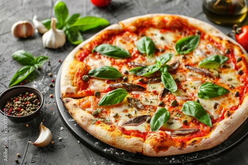 Classic Neapolitan pizza with anchovy capers mozarella cheese garlic chips and fresh basil Mediterranean specialty on Italian menu