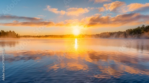 A serene summer sunrise over a tranquil lake, with mist rising off the water and the first rays of sun casting a golden glow across the scene. #780893259
