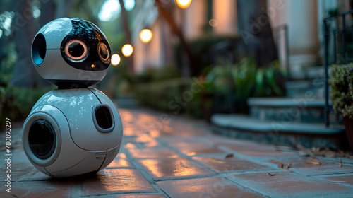 Futuristic AI companion robot with interactive capabilities, friendly personal assistant enriching modern urban lifestyle, communication on an evening-lit sidewalk. Innovation in mobility, automation
