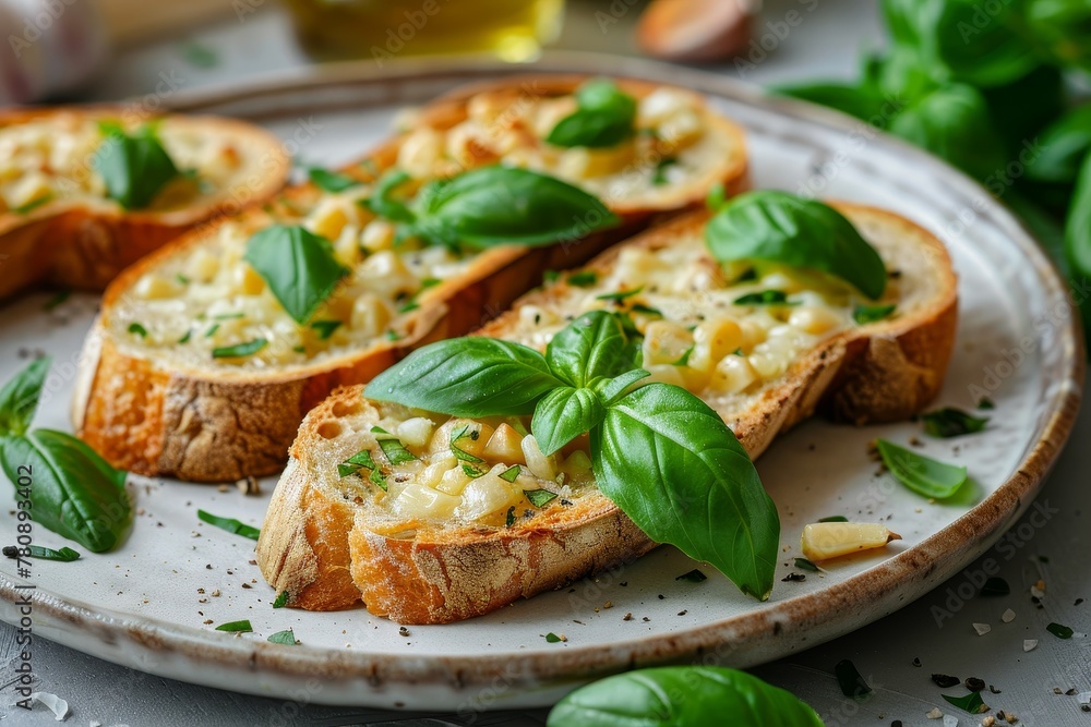 Close up horizontal photo of toast with basil and garlic on a rustic plate
