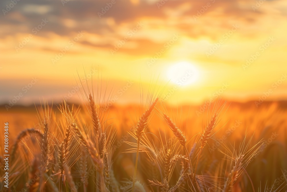 Obraz premium Close up nature photo of a rural meadow with ripening ears of yellow wheat against a sunset sky The concept of a bountiful harvest