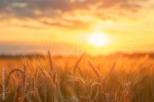 Close up nature photo of a rural meadow with ripening ears of yellow wheat against a sunset sky The concept of a bountiful harvest