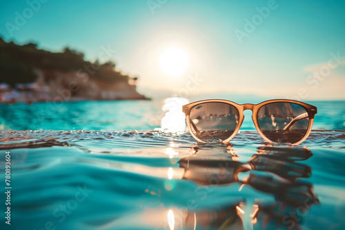 A pair of sunglasses floats on the surface of the water, capturing the reflection of a serene sunset near a rocky coastline, calm and beauty.