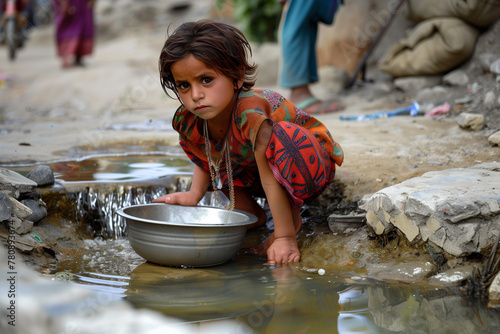 A child collecting water from a puddle on a dirt path, highlighting the issue of water accessibility
