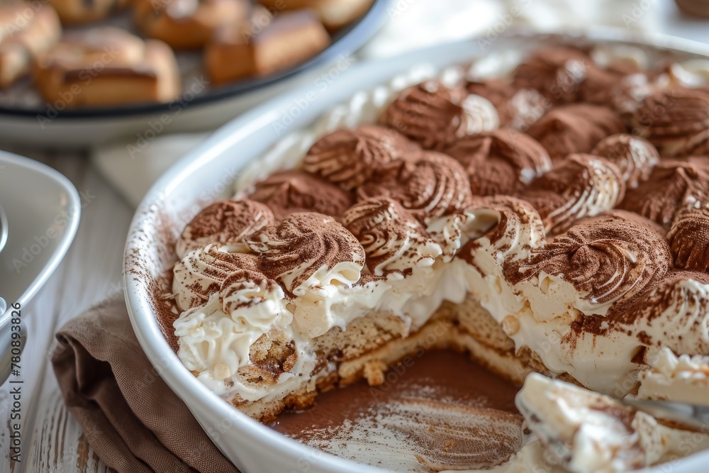Close up of homemade Italian tiramisu with boudoir biscuits and mascarpone cheese Close up of homemade Italian tiramisu with boudoir biscuits and mascarpone cheese