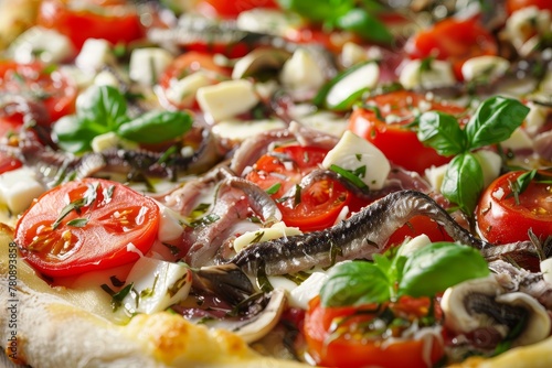 Close up of Italian pizza with anchovy mozzarella tomatoes basil