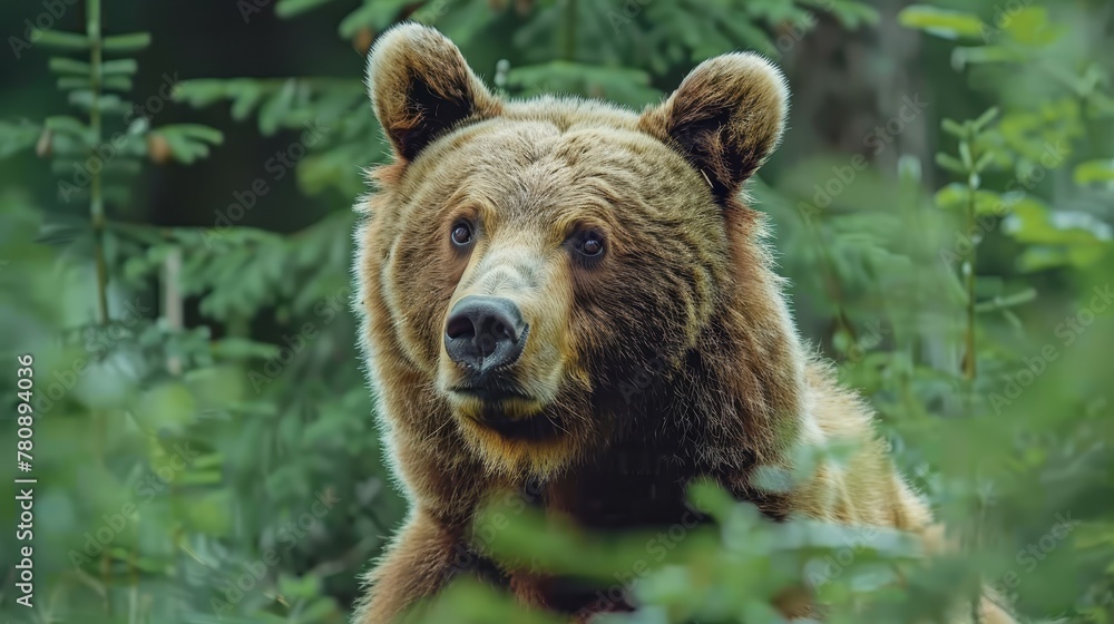   A tight shot of a brown bear amidst a sea of grass, surrounded by trees and bushes with an indistinct backdrop of more vegetation