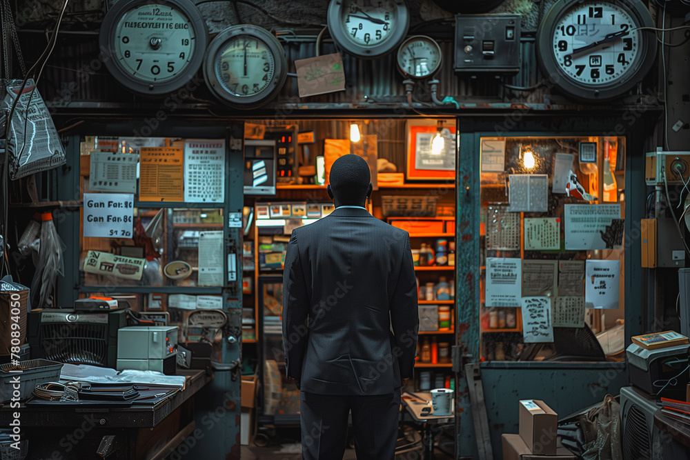 Man Standing in Front of Clock-Filled Store