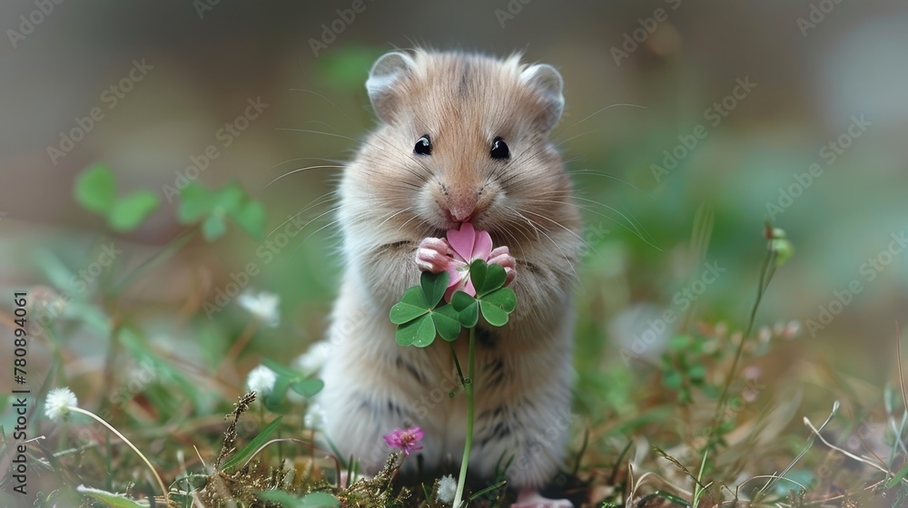 A hamster holds a flower in its mouth and a clover in its paws, standing amidst the grass A hamster holds a flower in its mouth and a clover in its paws, standing amidst the grass