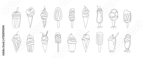 Ice cream continuous one line drawing. Hand drawn contour of sweet cold dessert in waffle bowls and cups tasty summer snack. Vector isolated set