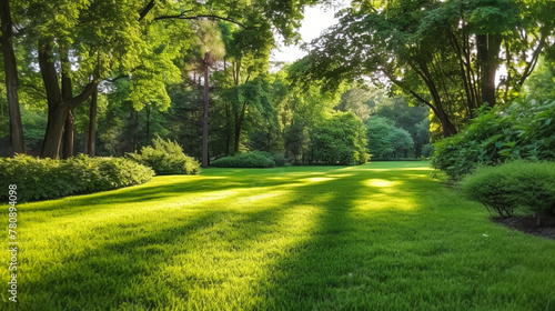 A Green Park Bathed in Morning Sunshine. Summer Splendor in the Heart of the Forest