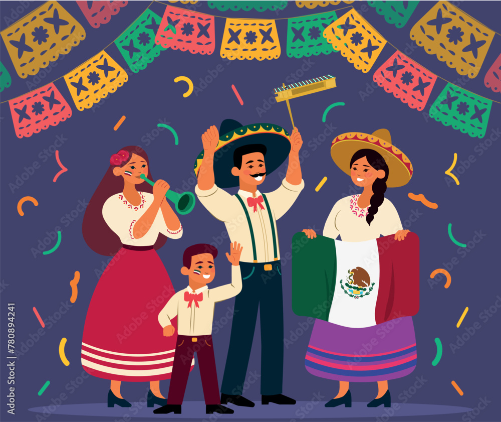 Fototapeta premium Fiesta México, vector familia mexicana celebrando con bandera, matraca y trompeta