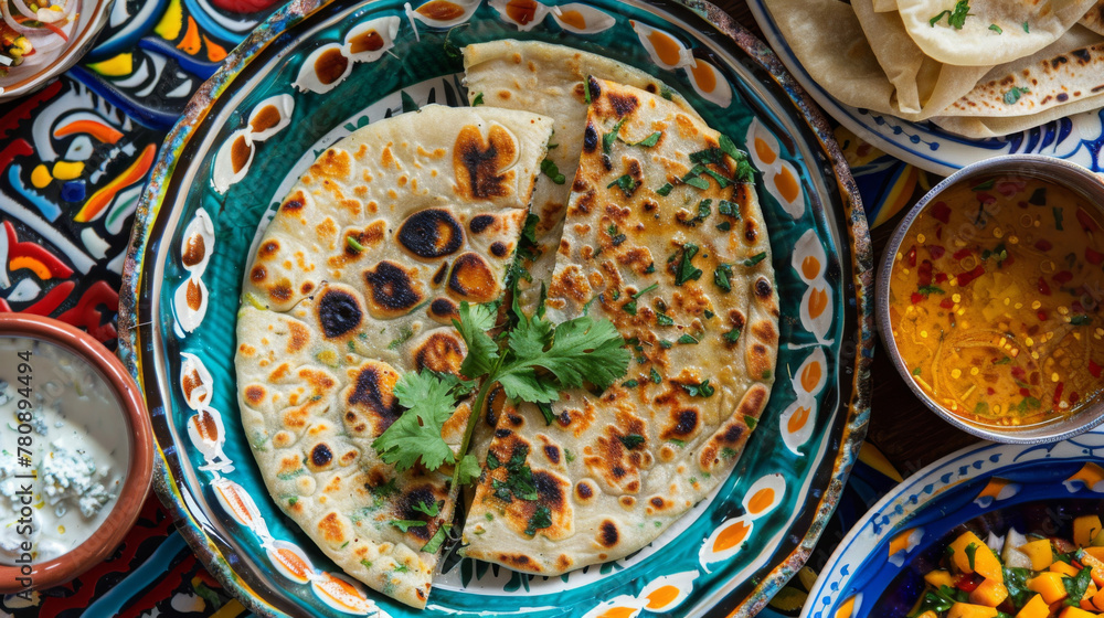 Traditional pakistani cuisine: naan bread and sides