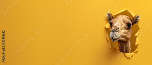 A joyful camel head sticks out of a torn paper hole against a vibrant yellow background, suggesting playfulness photo