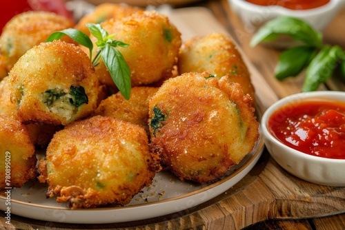 Closeup of deep fried Italian ravioli dumplings with spinach and cheese served with marinara sauce on a wooden table