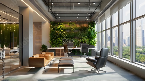 A spacious, modern office with ceiling-to-floor windows that frame a bustling urban park. The office is designed with a green wall, ergonomic furniture, and a clean, airy feel © Love Mohammad