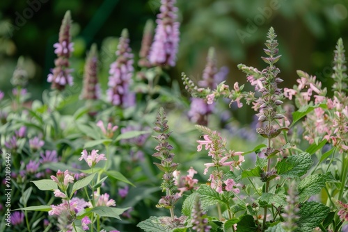 Clumps of clary sage and pink cleoma in the apothecary s garden photo