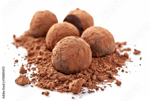 Cocoa dusted chocolate truffles on a white backdrop so yummy